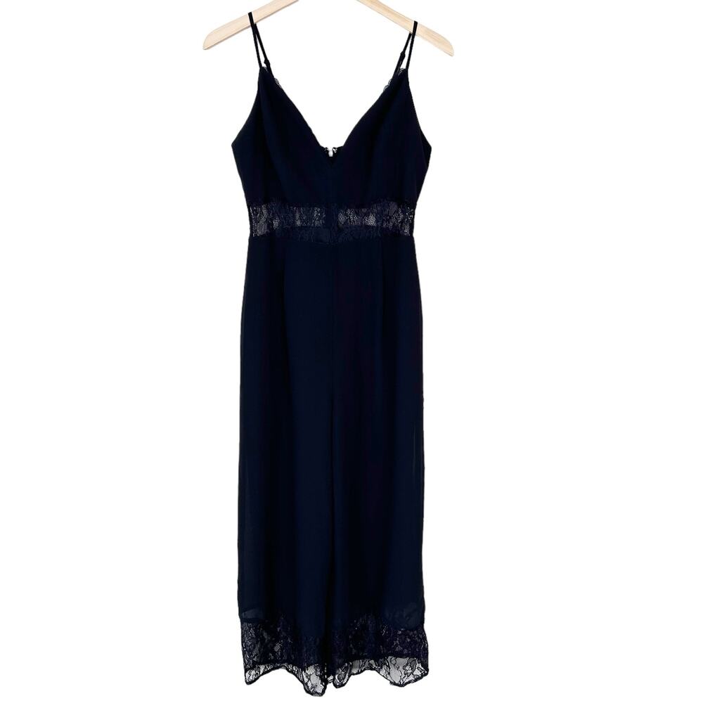 Bebe Black Spaghetti Strap Lace Detail Wide Leg Jumpsuit Sz 8.